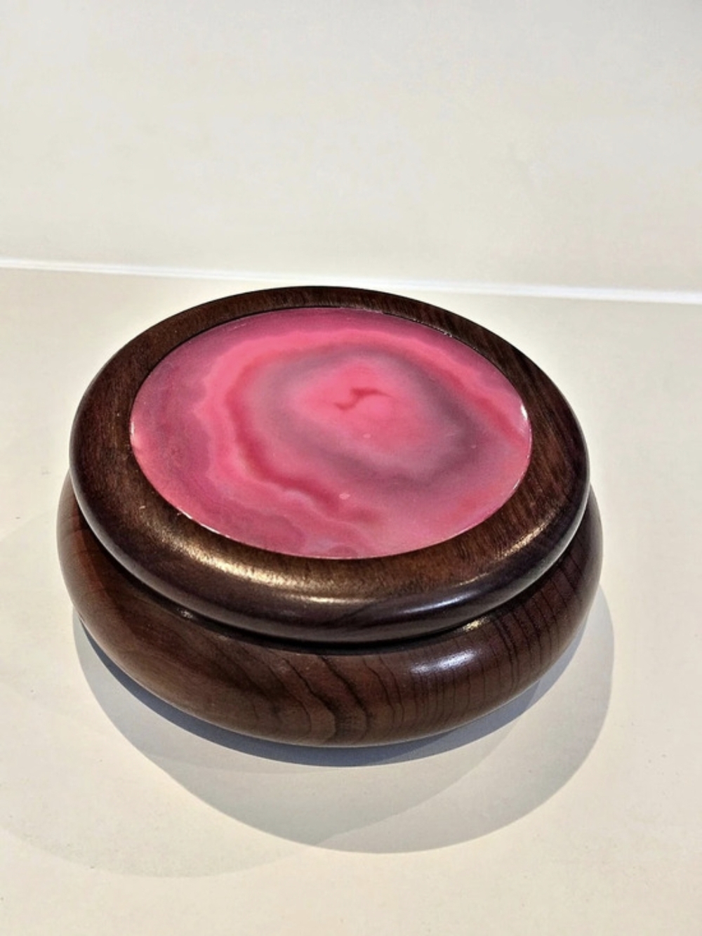 Handcrafted Wooden Trinket Bowl in Pink Agate Brazilian 4.25" W